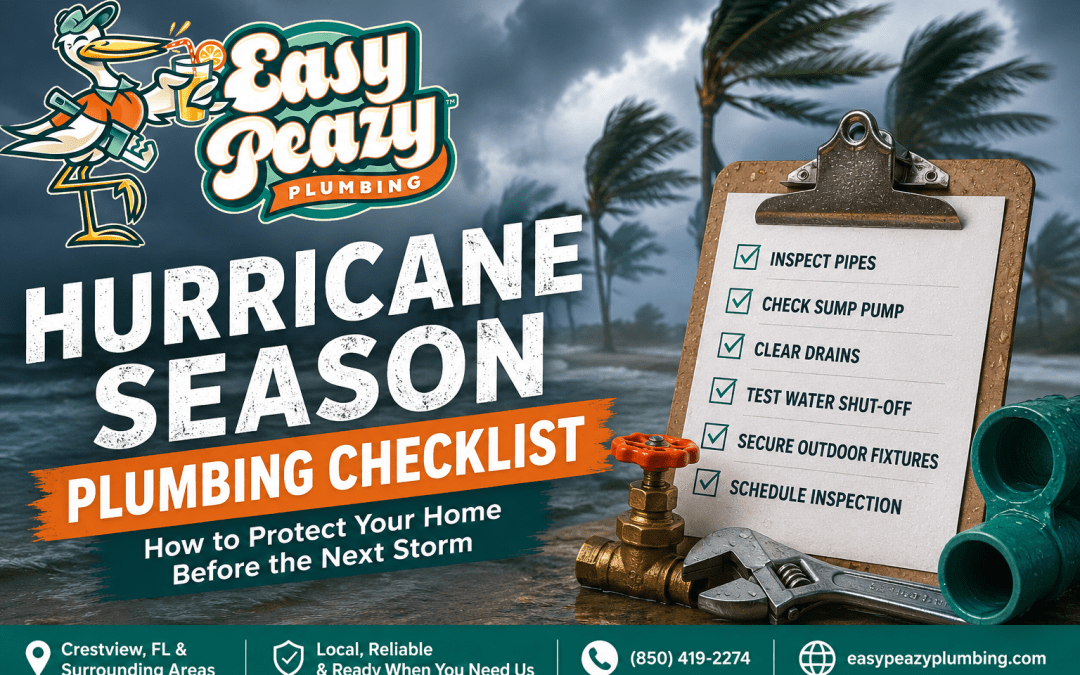 Hurricane Season Plumbing Checklist by Easy Peazy Plumbing in Crestview, FL featuring storm preparedness tips for Florida homeowners.
